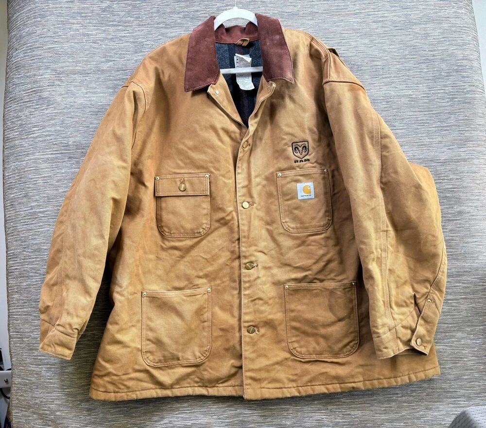 Carhartt Coat Mens 4XL Brown Canvas Ram Logo Snap Front Lined Workwear C001 BRN